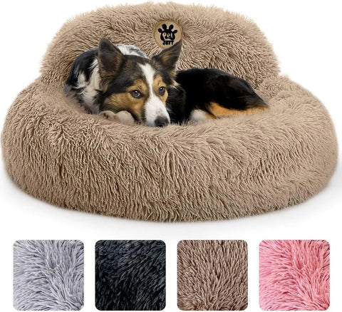 Fluffy round calming dog bed in tan faux fur with color option swatches