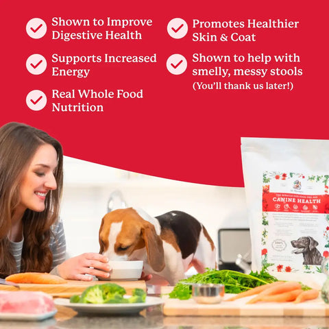 A happy beagle eating from a bowl next to a woman preparing fresh ingredients and a bag of Dr. Harvey's Canine Health pre-mix.