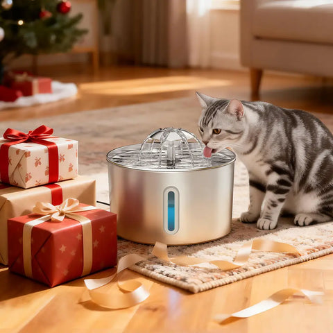 A tabby cat drinking from a stainless steel water fountain next to Christmas presents.
Image 6