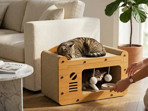 Two cats playing and resting inside a vintage radio-style wooden cat house scratcher in a living room.