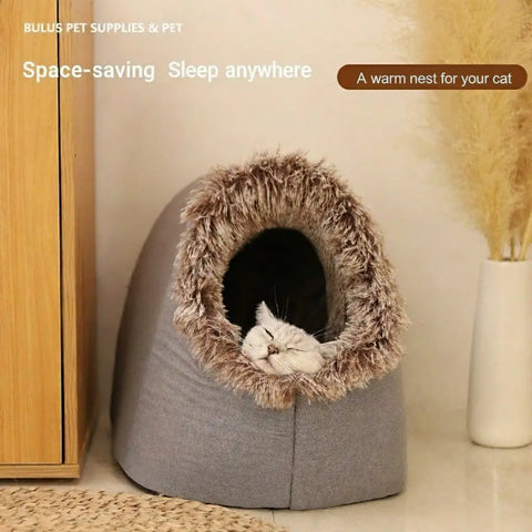 Cat lying in cozy pet bed with Bullus Pet Supplies branding.
