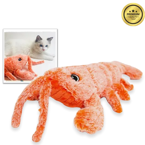 Cat plush toy on a white background with a guarantee badge