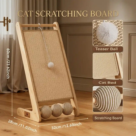 Infographic showing dimensions of the 60cm tall inclined cat scratching board, detailing the hanging plush teaser ball, sisal cat bed fabric, and rolling sisal toy balls.