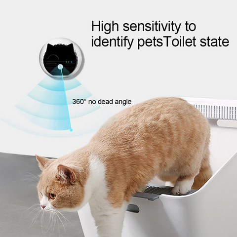 Cat using a pet toilet with text indicating high sensitivity.