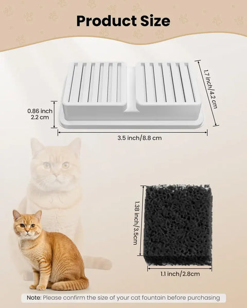 Product size guide showing replacement filter dimensions 3.5 by 1.7 inches and sponge dimensions 1.38 by 1.1 inches.