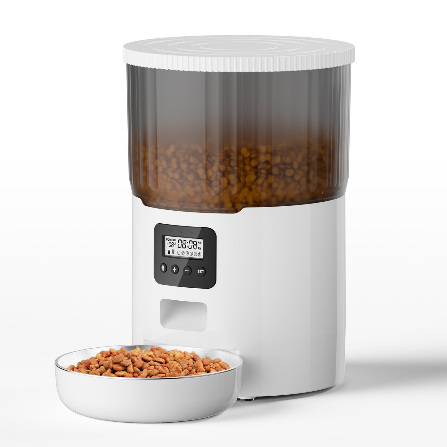 White pet food dispenser with a bowl of kibble on a white background