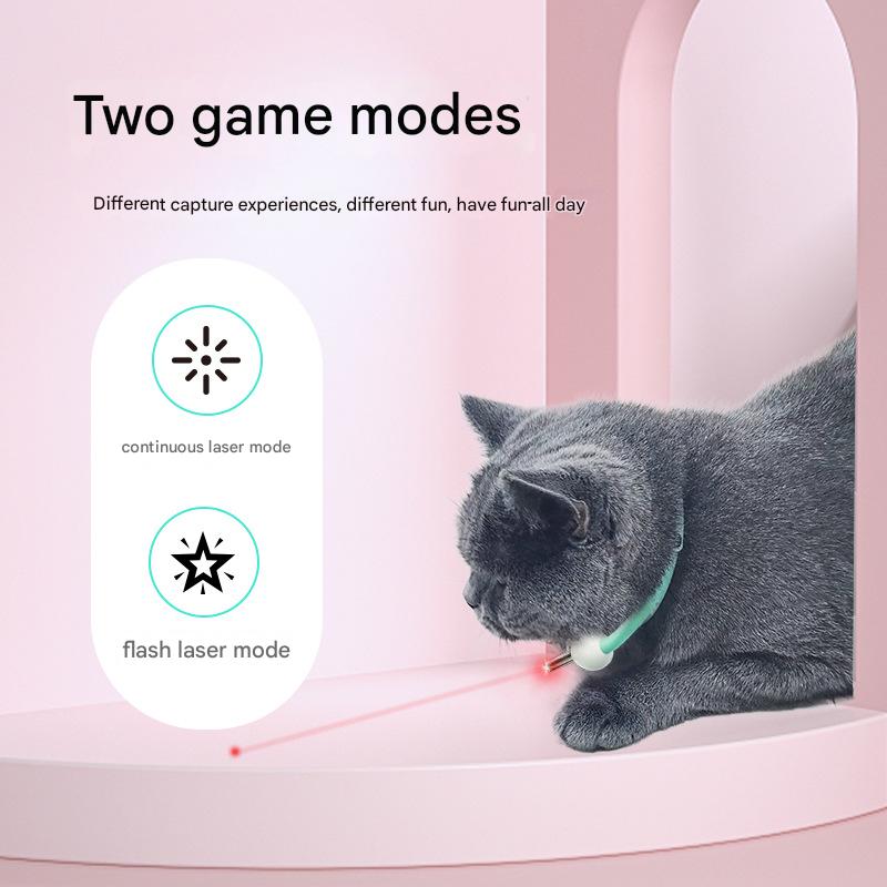 Cat playing with a laser pointer device on a pink background, showcasing two game modes.