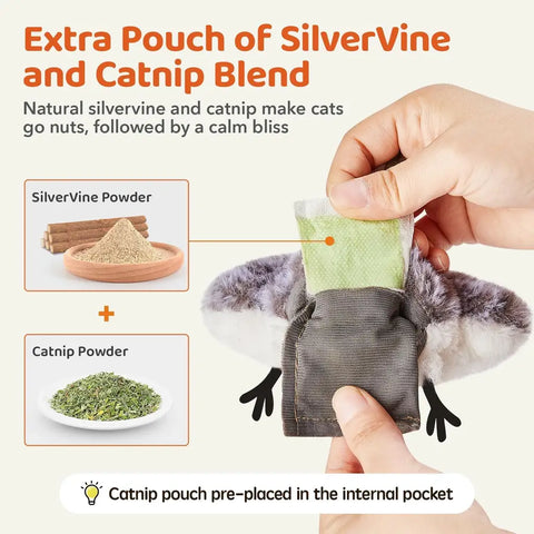 Inserting a natural silvervine and catnip blend pouch into the hidden belly pocket of the bird toy