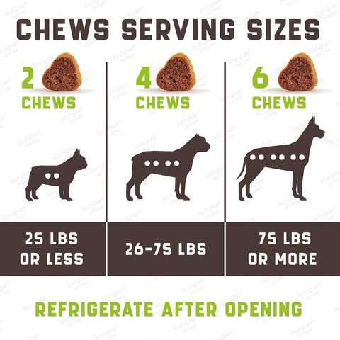 Chart showing recommended chews serving sizes for dogs based on weight.