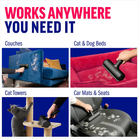 Grid showing ChomChom pet hair remover used on couches, dog beds, cat towers, and car seats.