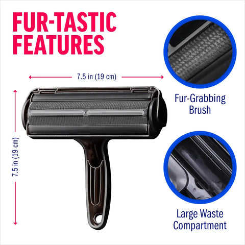 Diagram showing ChomChom Roller 7.5 by 7.5 inch dimensions, fur-grabbing brush texture, and large waste compartment.