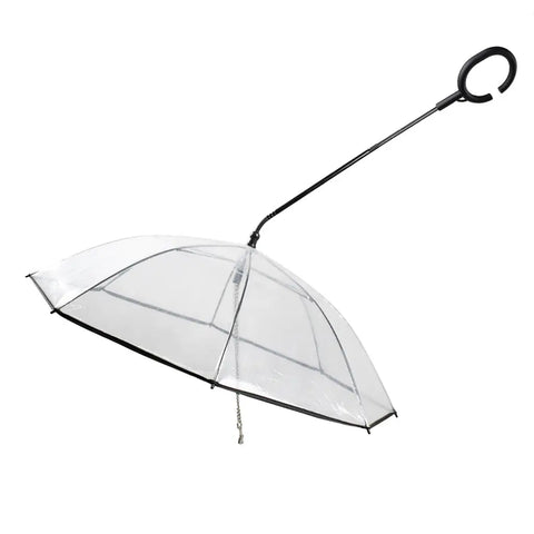 Clear umbrella with a black handle on a white background.
