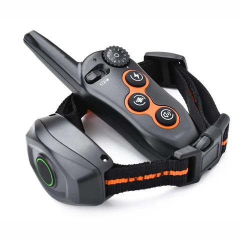 Close-up view of a black electronic dog training collar and matching remote on white