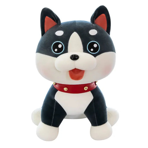 Close-up view of a plush dog toy on a white background, showing soft fabric texture