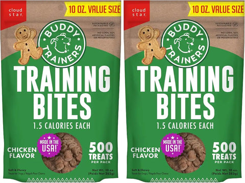 Cloud Star Buddy Trainers Training Bites chicken flavor soft and chewy dog treats, 10 oz value size two-pack front view.