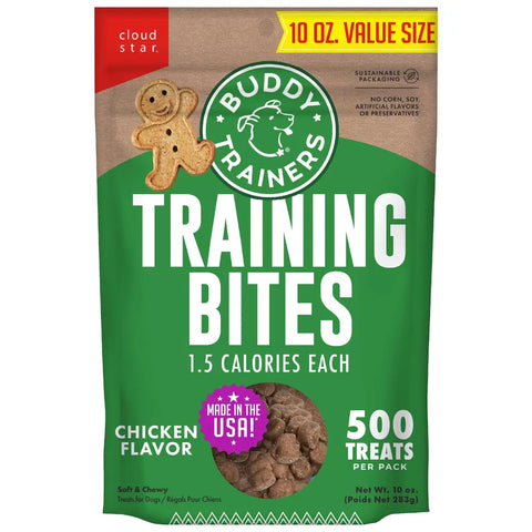 Front packaging of Cloud Star Buddy Trainers chicken flavor training bites dog treats, 10 oz value size bag.