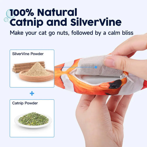 Close-up of catnip and silvervine pouch inserted into the belly pocket of the orange clownfish toy.