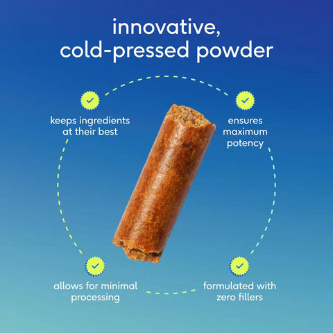 Close up of an innovative cold-pressed powder pellet for dogs showing minimal processing and zero fillers.