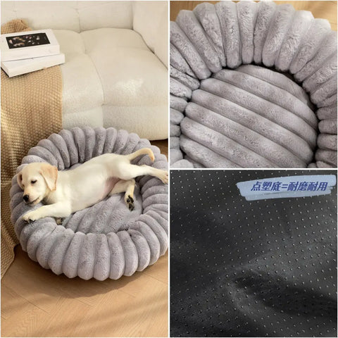 Collage featuring a dog on a gray pet bed, close-up of plush texture, and fabric view