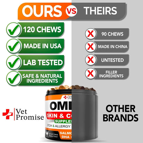 Comparison chart between Vet Promise and other brands for pet supplements, highlighting features like number of chews, origin, testing, and ingredient safety.