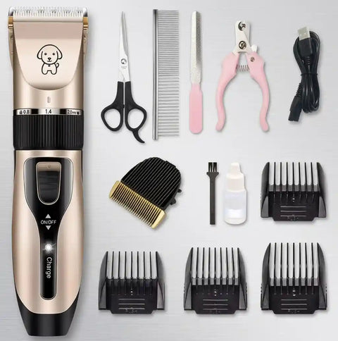 Complete pet grooming kit including electric hair trimmer, scissors, metal comb, nail file, and clippers.