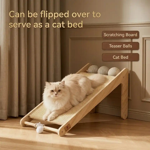 Fluffy cat resting on the cat scratching board flipped horizontally to serve as an ergonomic, inclined wooden cat lounge bed.