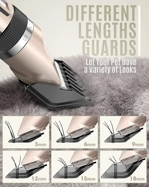 Product infographic showing six different guide comb attachment lengths from 3mm to 18mm for styling pet fur.