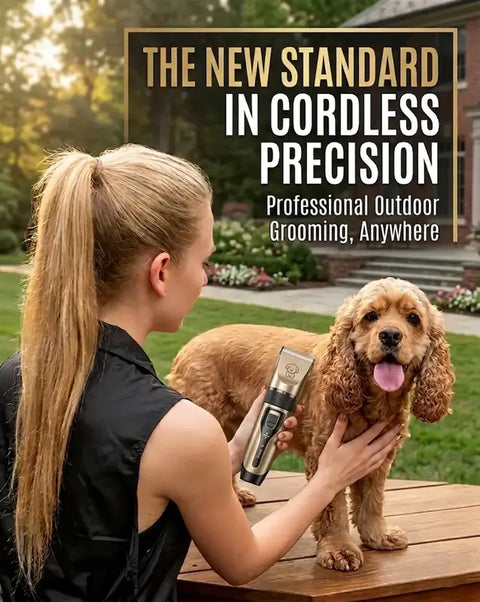 A woman using a champagne gold cordless precision pet trimmer to groom a golden English Cocker Spaniel outdoors on a wooden table.