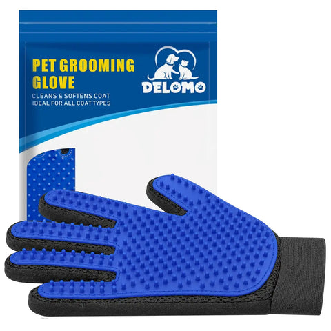 Delomo blue pet grooming glove for efficient dog and cat fur cleaning