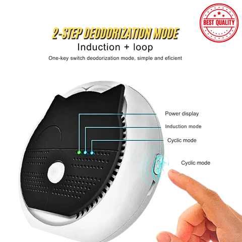 Deodorization device with hand pressing a 2-step deodorization button.