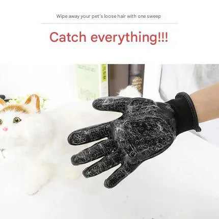 Deshedding glove with collected pet hair next to a cat for grooming and bonding