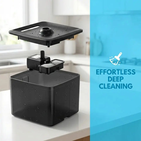 Exploded view of the modular pet water fountain showing the pump, filter tray, and detachable lid for easy cleaning.