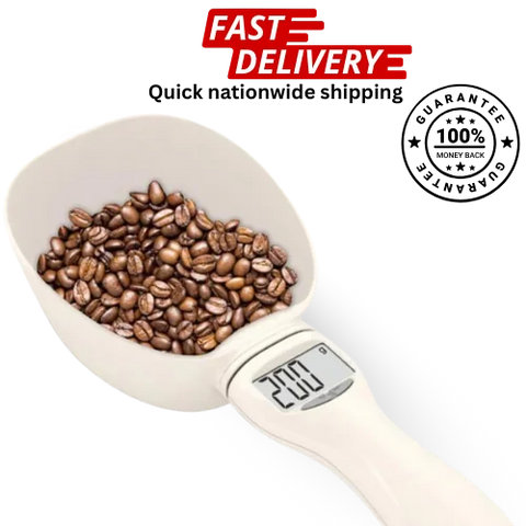 Digital measuring spoon for pet food portion control with fast delivery text