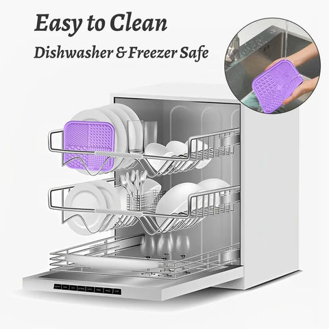 Visual guide showcasing the dishwasher safe and freezer safe purple silicone pet lick mat being cleaned in a dishwasher rack and rinsed under a sink faucet.