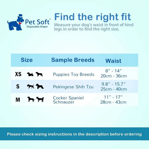 Disposable dog diaper size chart on a blue background.