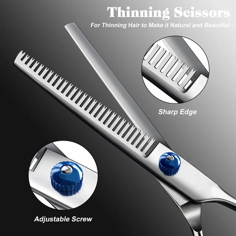 Hair thinning scissors with sharp edge and adjustable screw on a dark background