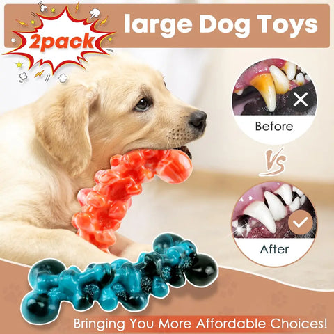 Comparison showing dog dental health before and after using a textured nylon chew toy.
