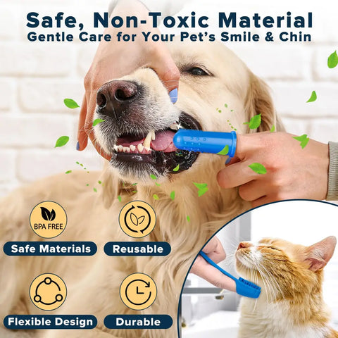 Using a blue silicone finger brush for dog teeth cleaning and a small curved brush for cat chin grooming.
