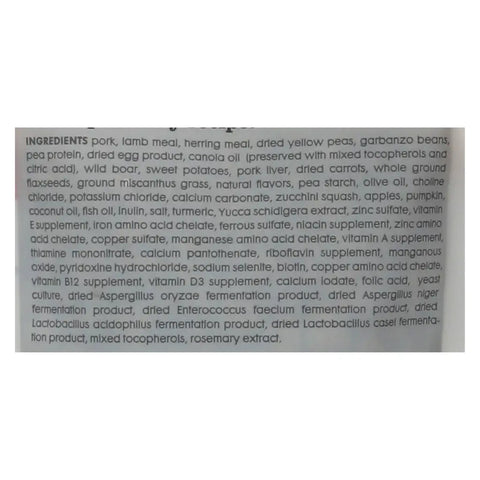 Dog food ingredient label on a white background.