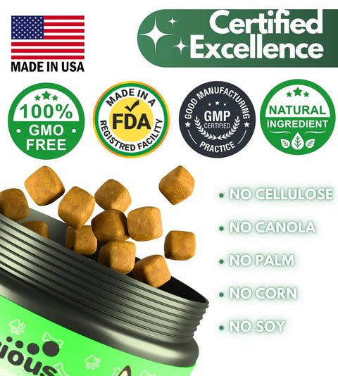 Dog food packaging with certification logos and product details.