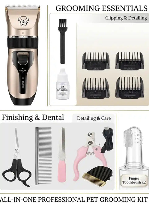 Comprehensive pet grooming set featuring cordless clippers, steel scissors, and silicone finger toothbrushes.