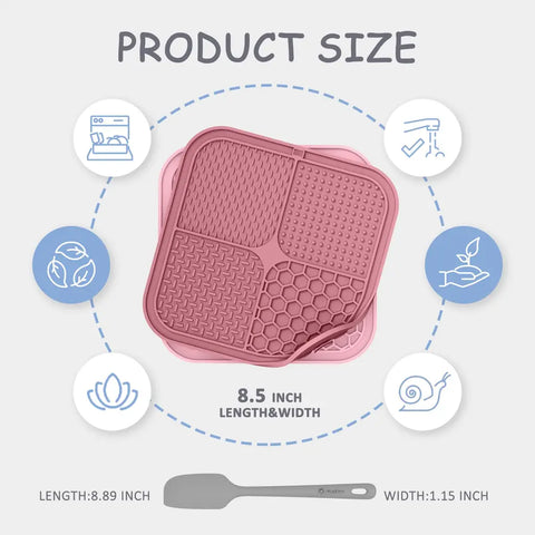 Product size infographic showing an 8.5-inch pink dog lick mat with dishwasher safe and eco-friendly benefit icons.