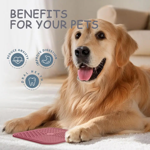 Golden Retriever next to a pink lick mat highlighting health benefits like anxiety reduction, improved digestion, and oral health.