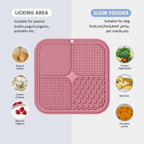 Infographic showing suitable foods for a textured pink dog lick mat including peanut butter, yogurt, and pumpkin.