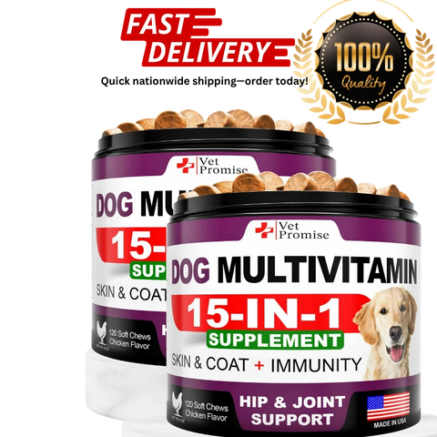 Dog multivitamin supplement containers with branding.
