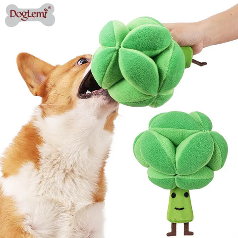 Dog playing with a green plush broccoli toy for interactive fetch and gentle chewing