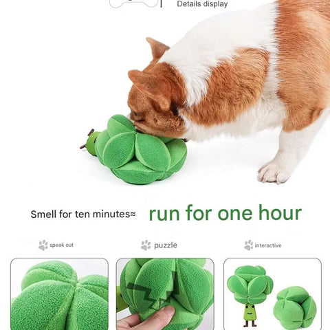 Dog playing with a green toy, with text indicating its properties