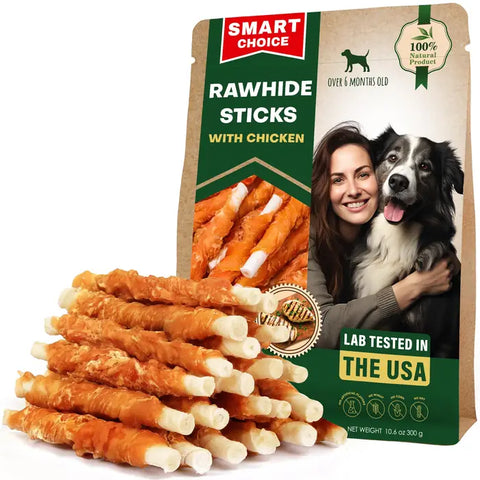 Dog rawhide sticks wrapped with chicken packaging.