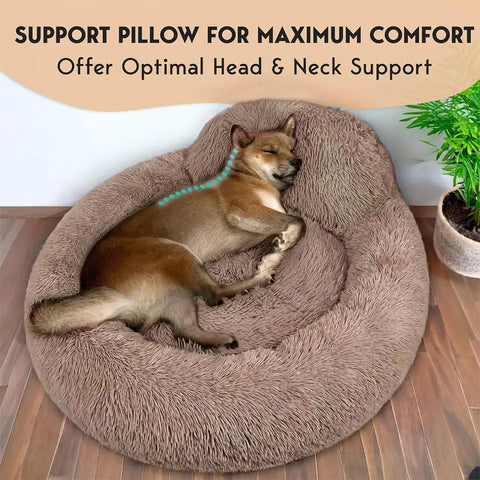 Dog sleeping on a plush brown donut bed showing neck and head support pillow