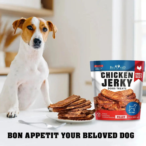 Dog sitting next to a plate of chicken jerky treats and package.